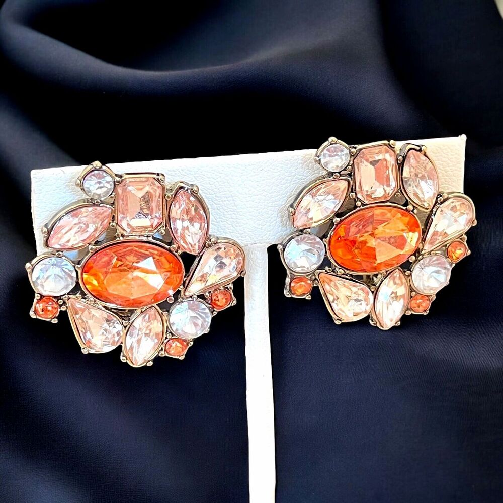 Vintage 1980s Catherine Stein Clip On Earrings Orange Crystal Gold Tone - 12Q